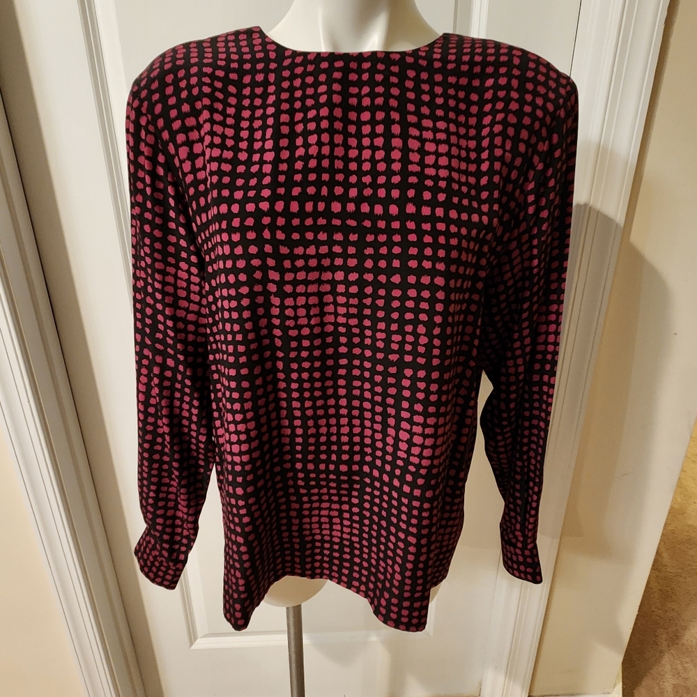 Ann May silk blouse size medium, with shoulder pads, black and purple dots